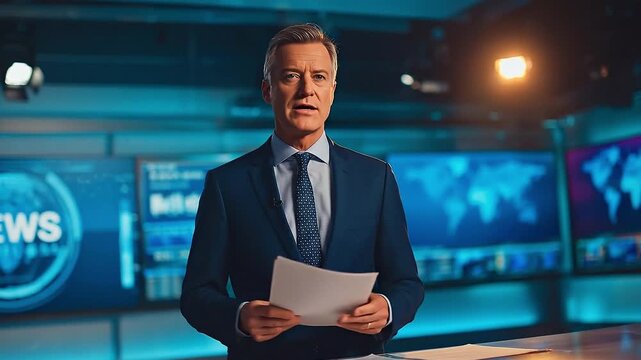 Professional news anchor presenting breaking news in a modern broadcast studio with digital screens and world map backdrop