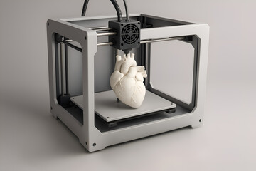 White 3D bio-printer creating a realistic white human heart organ model on white background