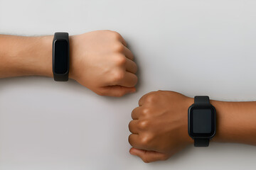 Top view of two hands with clenched fists wearing a black fitness tracker and a square smartwatch on a white background