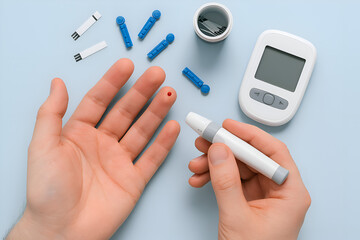 Top view close-up of hands performing a blood glucose test with a drop of blood on a finger and a glucometer kit on a blue background