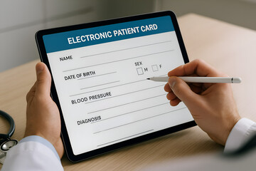 Close-up of doctor's hands using a stylus to fill out an electronic patient card on a digital tablet at a wooden desk