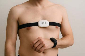 Shirtless man checking smartwatch while wearing a white ECG heart rate monitor chest strap