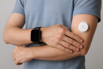 Man wearing a white circular continuous glucose monitor sensor on his upper arm and a black smartwatch
