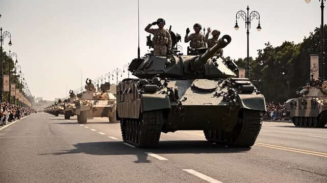 Military tanks in parade on city street