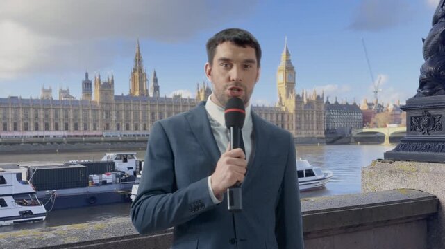 News Mockup: Male Field Journalist Speaks Into Microphone on Thames, Big Ben and Parliament in Background. Screen Replacement, Custom Lower Third, Headline Strap, Logo Bug, Scrolling Ticker