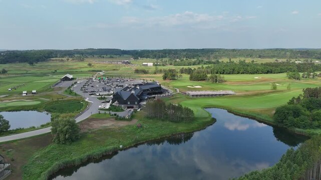 Aerial Drone Fly TPC Toronto at Osprey Valley Golf Course in Alton, Ontario, Canada, Summer Green Landscape