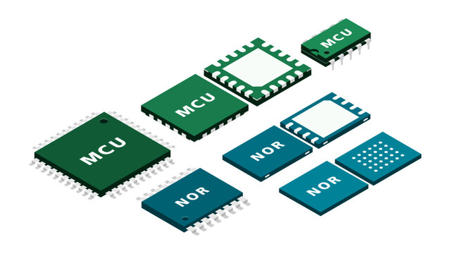 Isometric MCU and NOR Flash Architecture Diagram Showing Boot Memory Structure, Firmware Mapping and Embedded System Integration