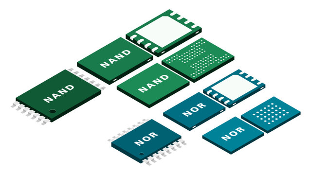 Isometric NAND and NOR Flash Memory Architecture Diagram Showing Storage and Firmware Structure, Boot Memory Integration and System Design