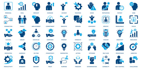 Personal Goal icon set. Containing personal, goal, develop, increase, achieve, new interest, commitment, realistic icon. Dual Tone style © San D