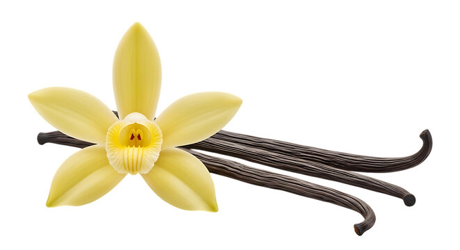 Vanilla flower and beans on black isolated on a transparent background yellow