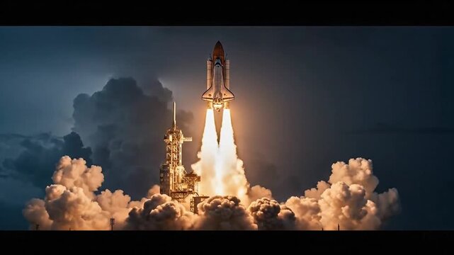 Powerful space shuttle rocket launching into the dark night sky with bright fire and smoke, symbol of exploration.