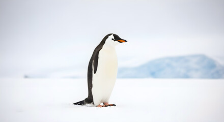 Gentoo penguin standing on white snow in Antarctica landscape.
