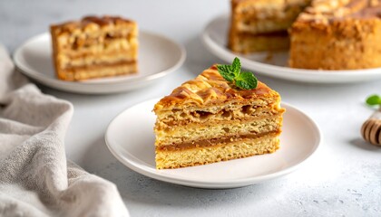 A slice of multi-layered cake with caramel filling, topped with a mint sprig, sits on a white plate