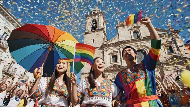 People in colorful traditional costumes celebrating