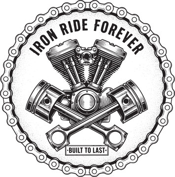 Vintage motorcycle engine emblem with crossed pistons and crankshaft, surrounded by a decorative chain border with bold typography
