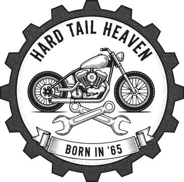Vintage motorcycle illustration with wrenches in a circular gear emblem design