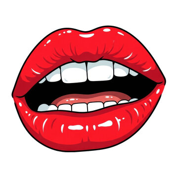 A close-up stylized pop art illustration of open vibrant red human lips, ultra-glossy and wet with bright white teeth, isolated on a transparent background, bold outlines, striking graphic beauty
