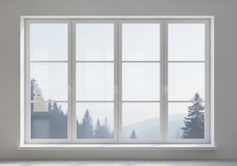 Fototapeta premium View through window of forest mountains with sunlight on gray wall background