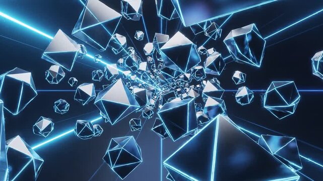 Blue floating geometric polyhedrons drift through space with glowing lines isolated on a dark background for digital projects.