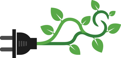 Vector Illustration of Green energy plug with leaves, eco-friendly power concept