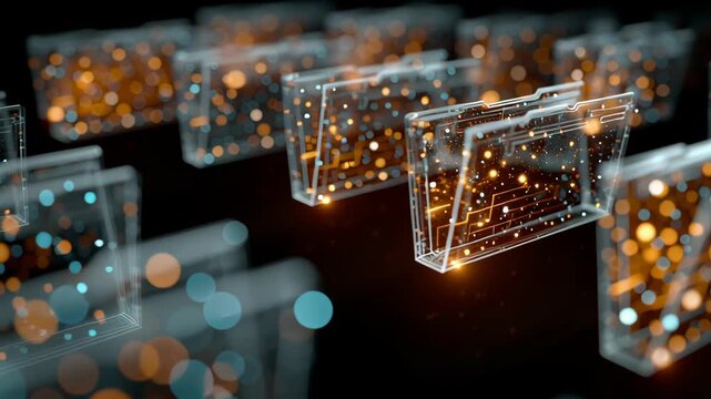 Futuristic visualization of digital data storage featuring glowing file icons suspended in a virtual space. bright orange and yellow lights form intricate circuit patterns, symbolizing tech innovation