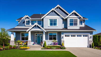 Beautiful modern two-story house with lush green lawn and vibrant garden