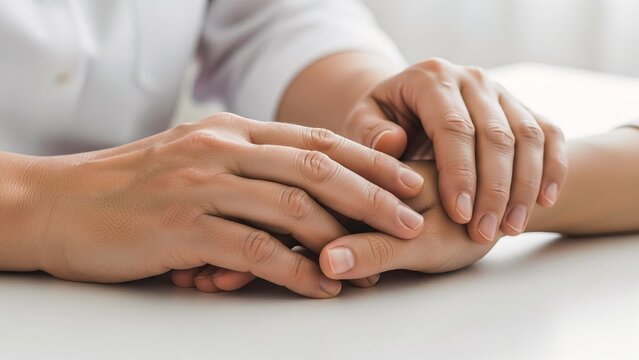 Close-up of two hands gently holding each other for support