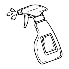 Cartoon spray bottle angled with droplets, isolated on transparent background, black-line drawing, front viewpoint, simple illustration
