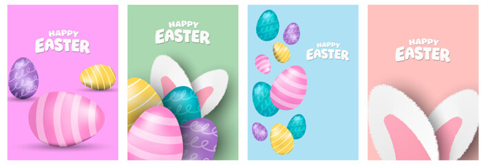 Obraz premium Easter banner template with Easter eggs, happy easter day poster, cards, cover, banners set for social media Greetings and presents Promotion shopping in cute colorful 3d realistic egg and bunnies.