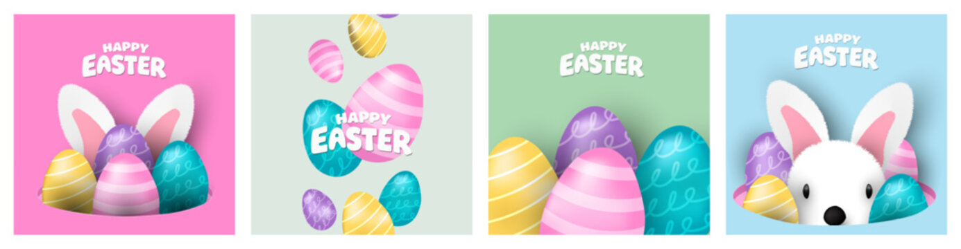Easter banner template with Easter eggs, happy easter day poster, cards, cover, banners set for social media Greetings and presents Promotion shopping in cute colorful 3d realistic  egg and bunnies.
