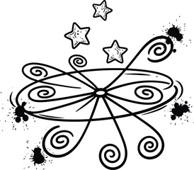 Vector Illustration of Black swirly butterfly with stars and splatters illustration