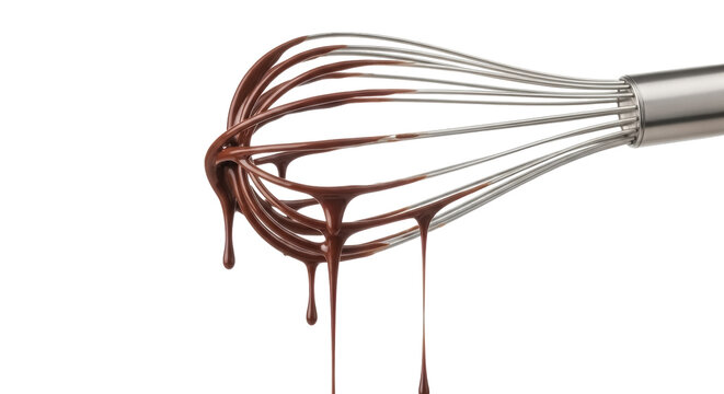 Chocolate dripping from a whisk isolated PNG, delicious dessert ingredient on transparent background for baking and confectionery use