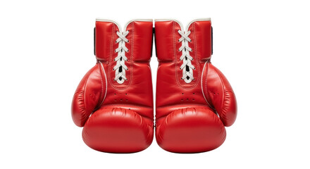 Pair of red leather boxing gloves isolated PNG on transparent background, sports equipment for combat sports and fitness training