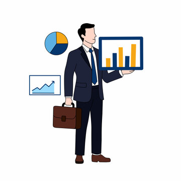 Vector illustration of a professional businessman holding a statistical chart showing business growth and performance analysis