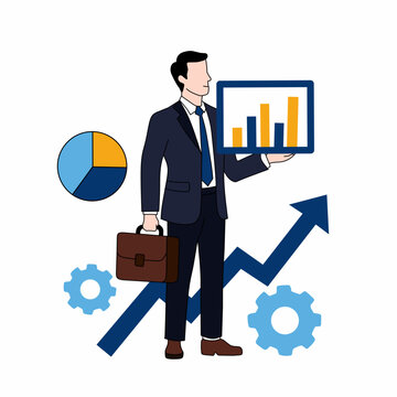 Vector illustration of a professional businessman holding a statistical chart showing business growth and performance analysis