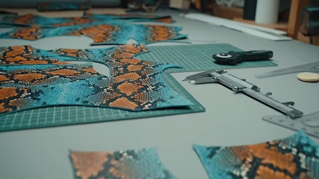 Blue and Brown Snake Print Leather Patterns on Gray Table for Fashion Design and Crafting in Tailoring Studio