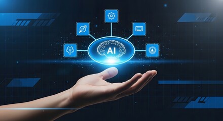 Fototapeta premium Artificial intelligence technology concept with human hand and futuristic interface