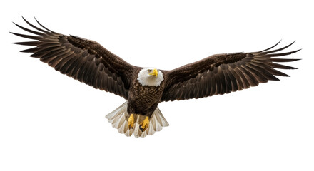 Obraz premium Majestic bald eagle flying PNG isolated on transparent background, powerful bird of prey with outstretched wings for wildlife and nature designs