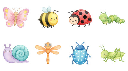 Fototapeta premium Cute insect watercolor set including butterfly, bee, ladybug, caterpillar, snail, dragonfly, and grasshopper isolated. Childrens nursery and educational animal collection.