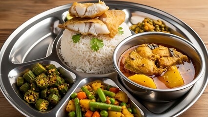 Delicious Indian Thali Meal with Fish and Vegetables