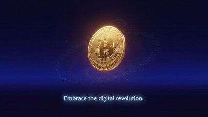 Golden Bitcoin Coin Levitating with Digital Aura