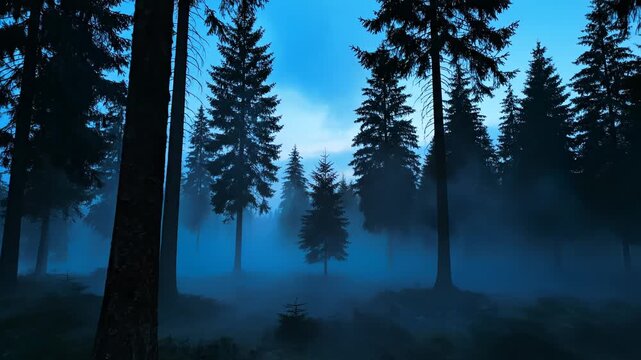 Misty forest with tall trees