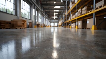 Obraz premium A clean modern warehouse interior with a highly reflective polished concrete floor and tall storage racks