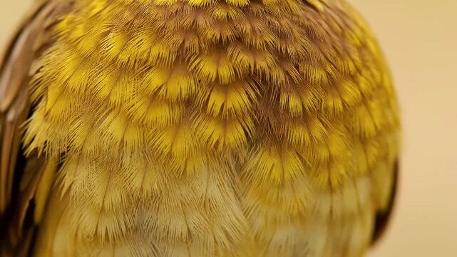 Close Up Feathers of Southern Masked Weaver Bird with Yellow and Brown Coloration in Studio Setting Detailed Plumage
