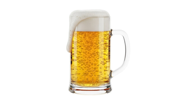 Refreshing beer in glass mug isolated PNG, golden lager with overflowing foam on transparent background, alcoholic beverage for celebration