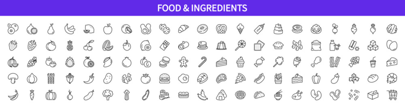 Food & Ingredients editable line icon set. Cake, fast food, cheese, eggs, flour, butter, bread, bakery, pastry, fruits, vegetables, sweets, fish, meat, etc. Isolated on a white background. Vector.