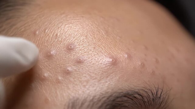 Close Up Forehead Skin with Acne and Whitehead Blemishes Being Analyzed by Medical Professional Gloved Hand Examining