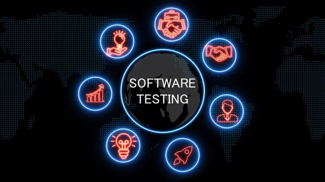 shows glowing neon line banner of software testing concept with icons of business, responsibility, customers, integrity, goals, teamwork, commitment and innovation .4k