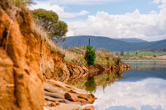 a lake bed with dry soil and greenery