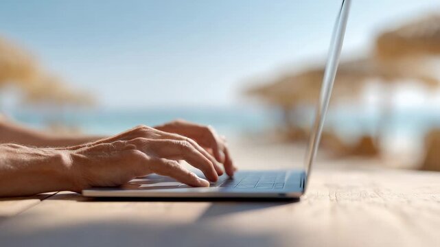 Freelancer typing on laptop keyboard on wooden table at exotic beach with straw umbrellas and turquoise sea in background, enjoying work and travel lifestyle